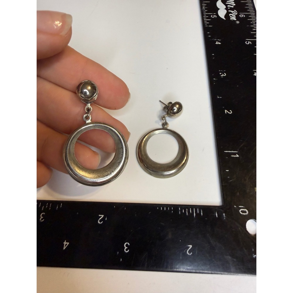 Vintage Silver Tone Geometric Ball and Ring Drop Earrings Post Back Retro